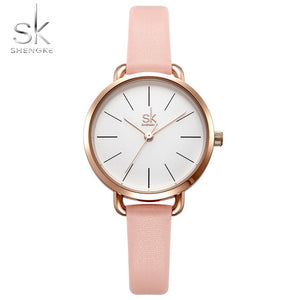 2019 Shengke Pink Leather Strap Women Watches