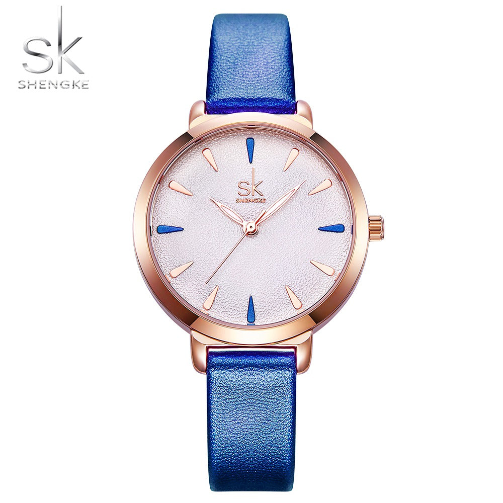 2019 Shengke Blue Leather Strap Women Colorful Watches